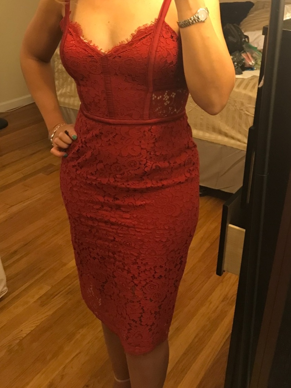 Express Red Lace Midi Dress with Spaghetti Straps